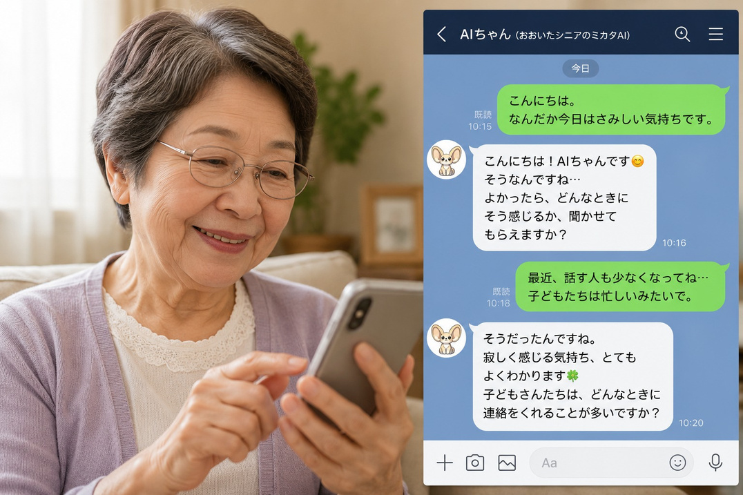 スマートフォンでAIちゃんと話す女性